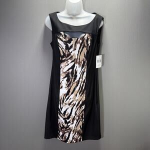 Connected Apparel Black & Tan Animal Print Above Knee Sheath Dress Women’s 8 NWT